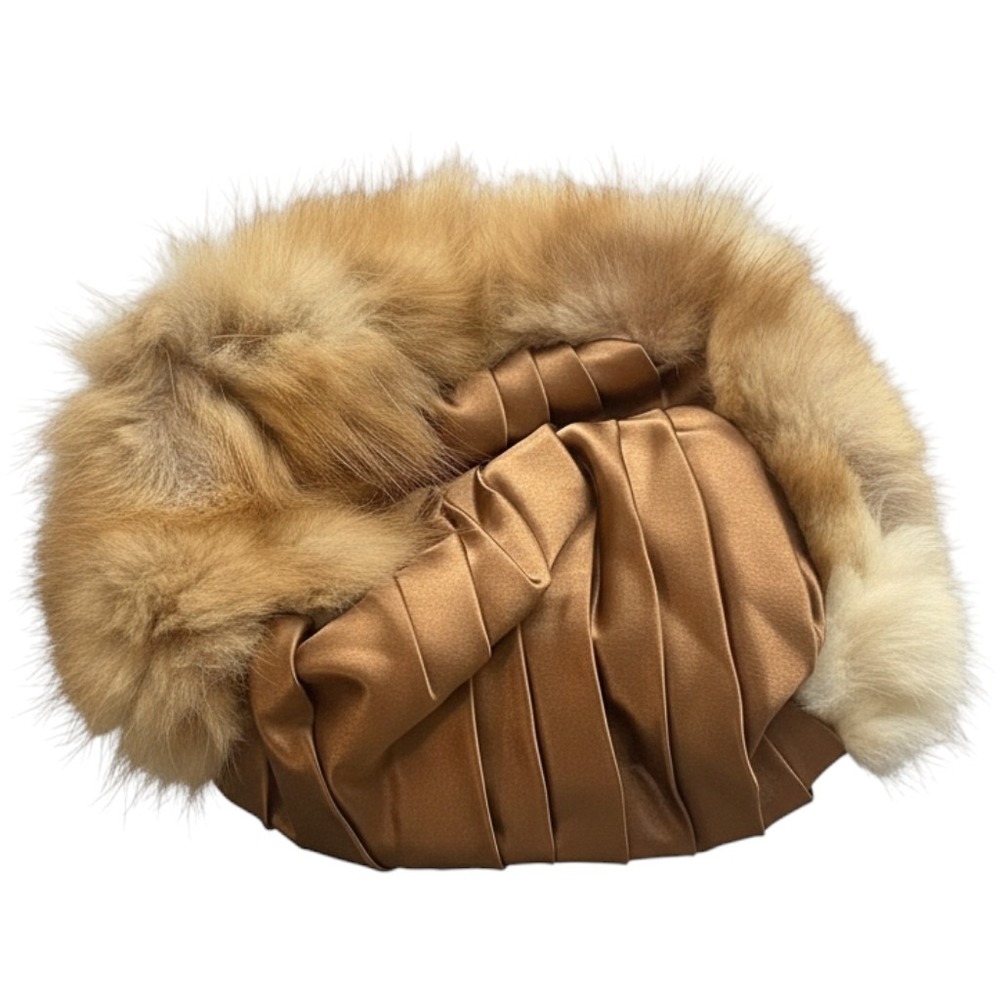 Vintage Sara Sue Miller & Rhoads Fur Trim Pleated Satin Pillbox Hat Bronze Green